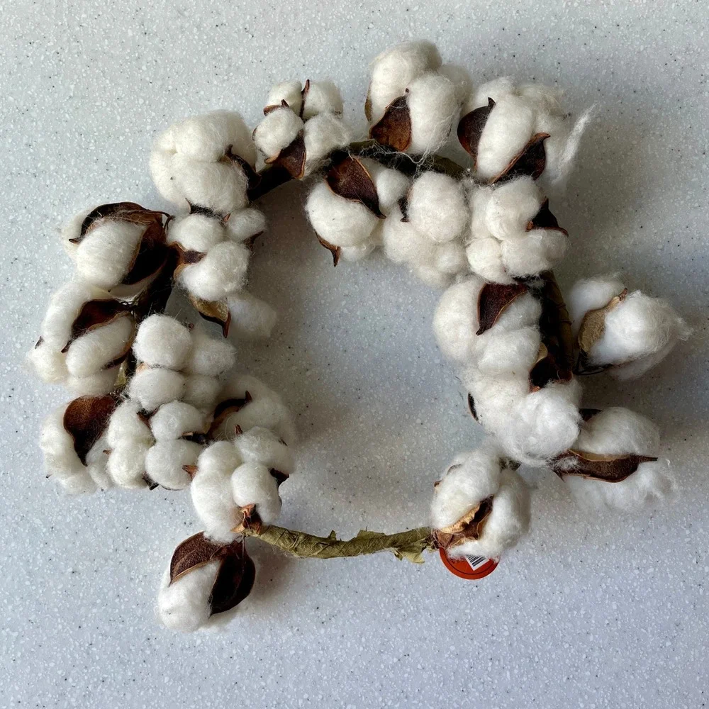 NEW Hobby Lobby Cotton Boll Candle Ring Wreath Farmhouse Rustic Decor 9 inch